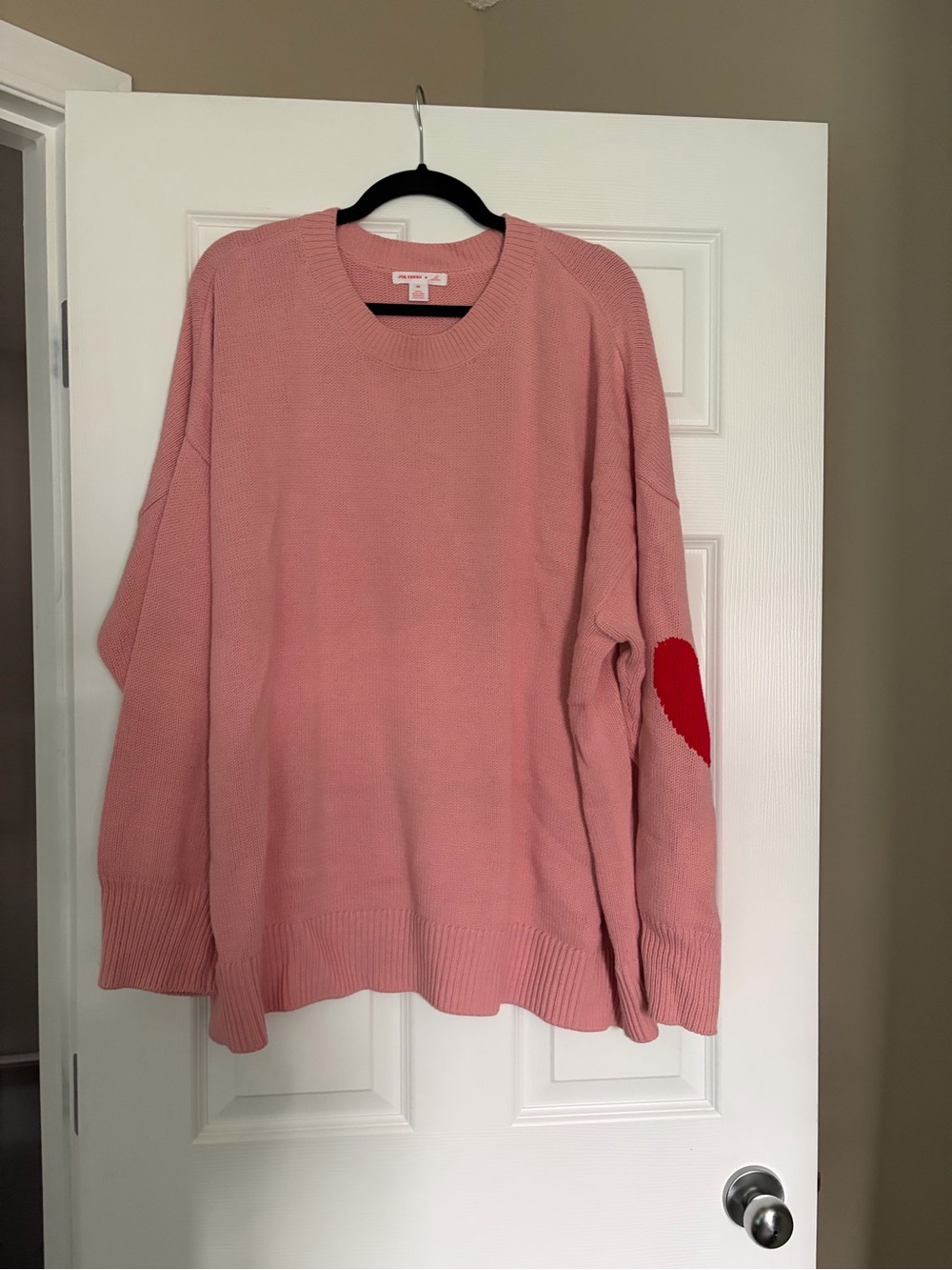 Joe Fresh Pink Crewneck Sweater with Red Heart Elbow Patch Jillian Harris collab